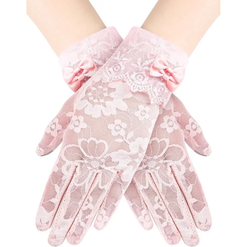 Women's Pink Short Floral Finger Less Nylon Halloween Cosplay Lace Gloves